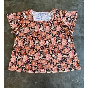 Susan‎ Graver Liquid Knit 2X Floral Top Square Neck Flutter Short Sleeve Blouse